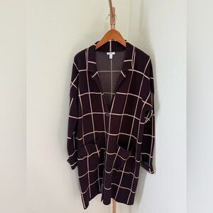 Nine West Burgundy & Pink Plaid Button Up Front Pockets Long Cardigan Size XL